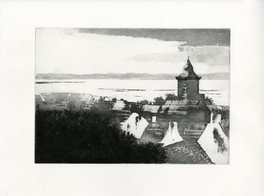 an etching looking over rooftops