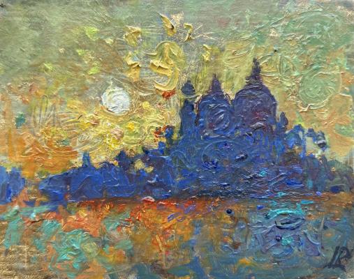 a painting of Venice with the sun in the background