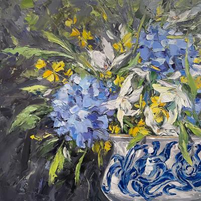 a painting of flowers in a blue and white jug