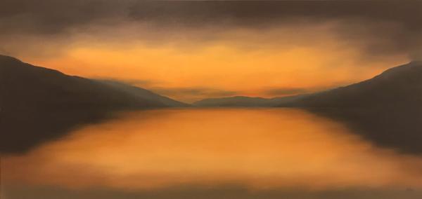 A large oil painting of a sunset with reflections