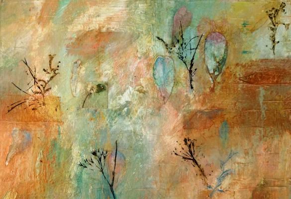 a painting of symbols of plants and leaves on an orange background