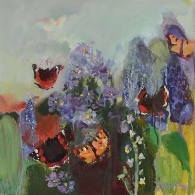 a painting of butterflies amongst flowers
