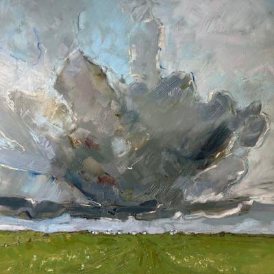A landscape painting of dark cloudy skies over green fields