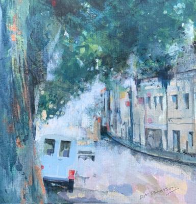 a painting of a van in a street