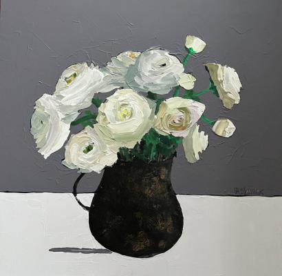 A painting of white flowers in a black vase