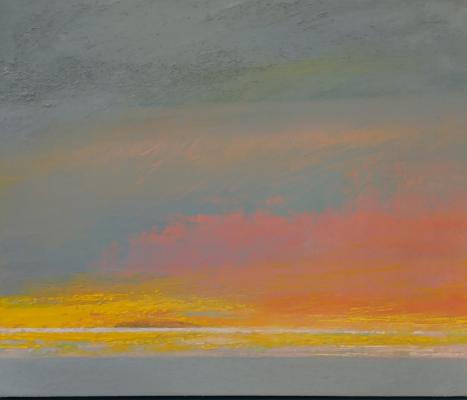 a semi abstract painting of the sunset and the grey sky
