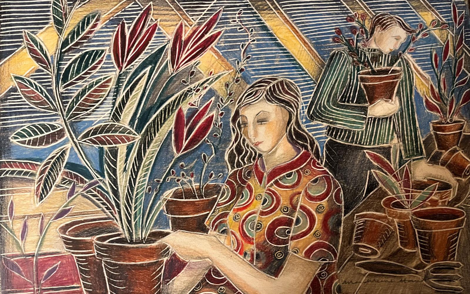 a drawing of a lady surrounded by plants and flower pots