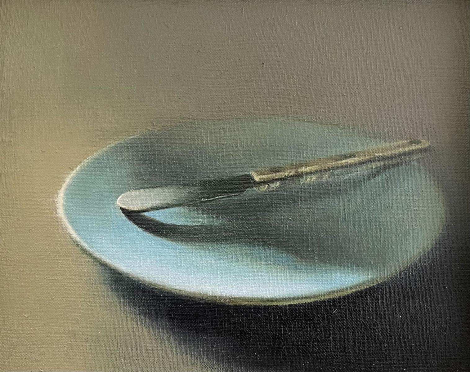 a small painting of a plate with a knife