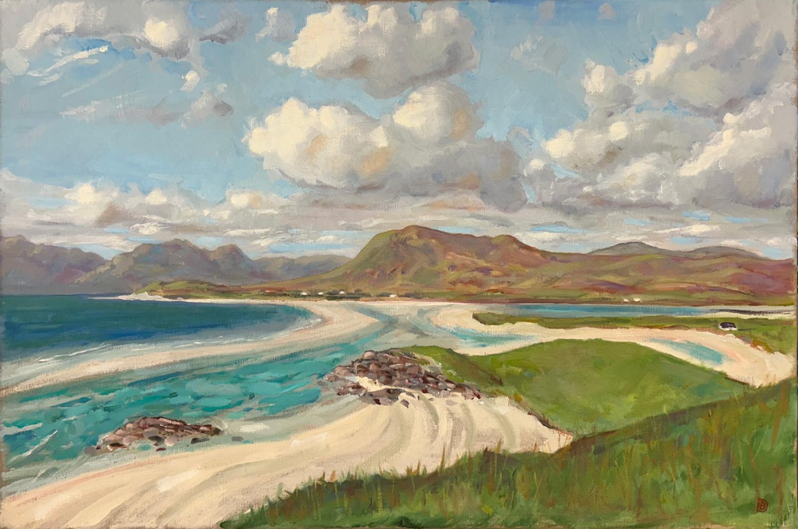 an oil painting of a beach with hills
