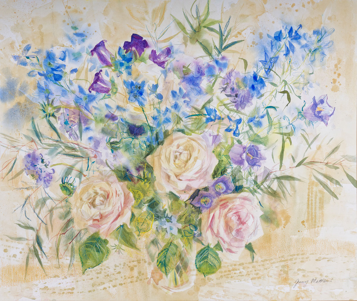 a pale watercolourof a bouquet of mixed flowers