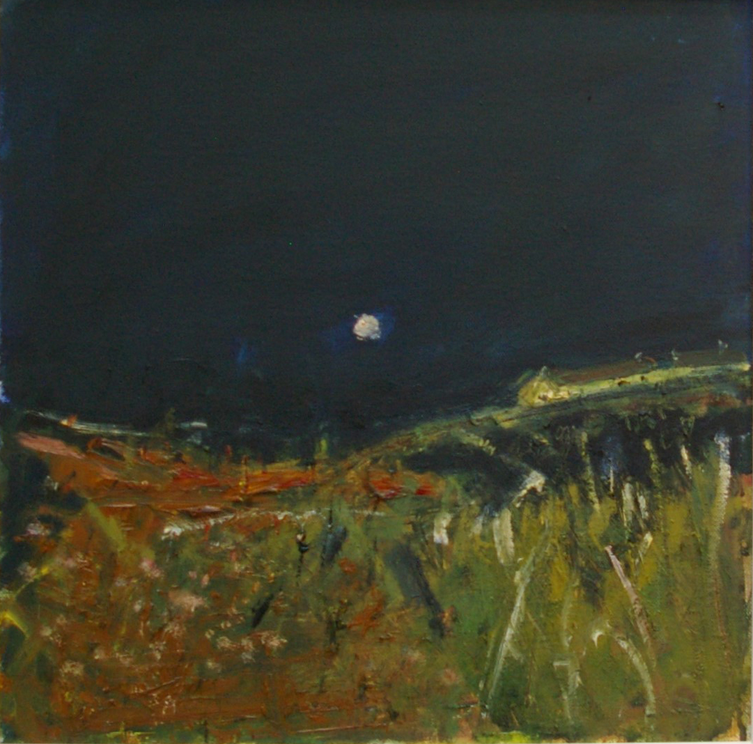 an oil of a cottage with the moon rising above it