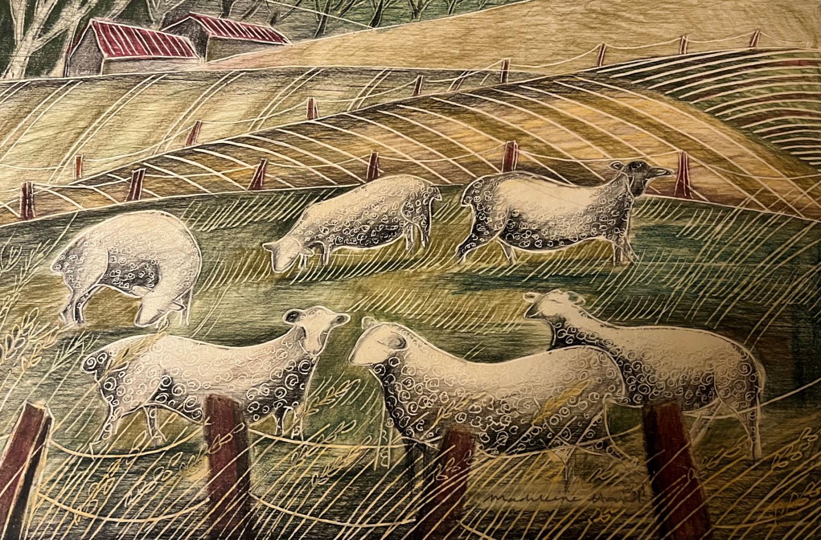 a coloured drawing of sheep in a field