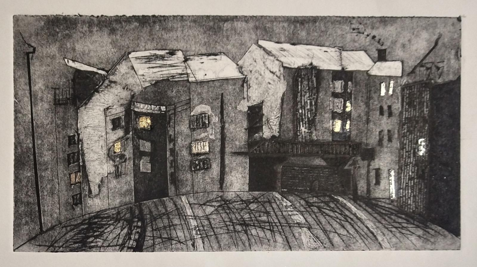 an etching of a group of buildings