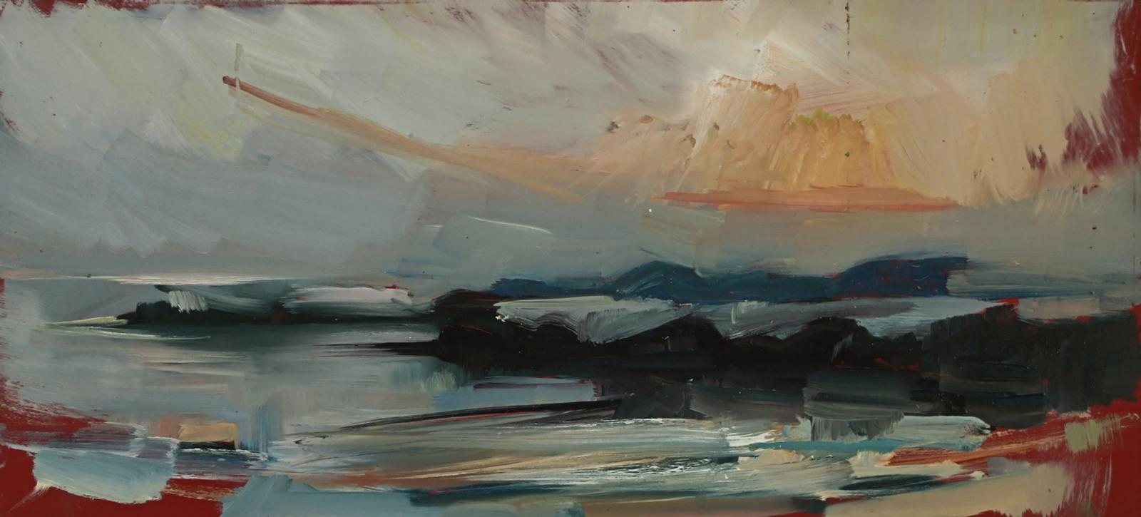 a small landscape painting with an orange sky