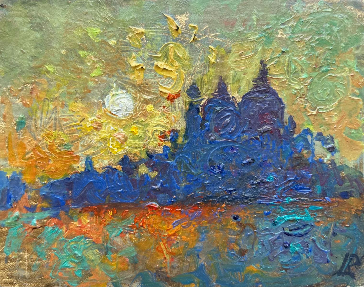 an oil painting of Venice with the sun in the background