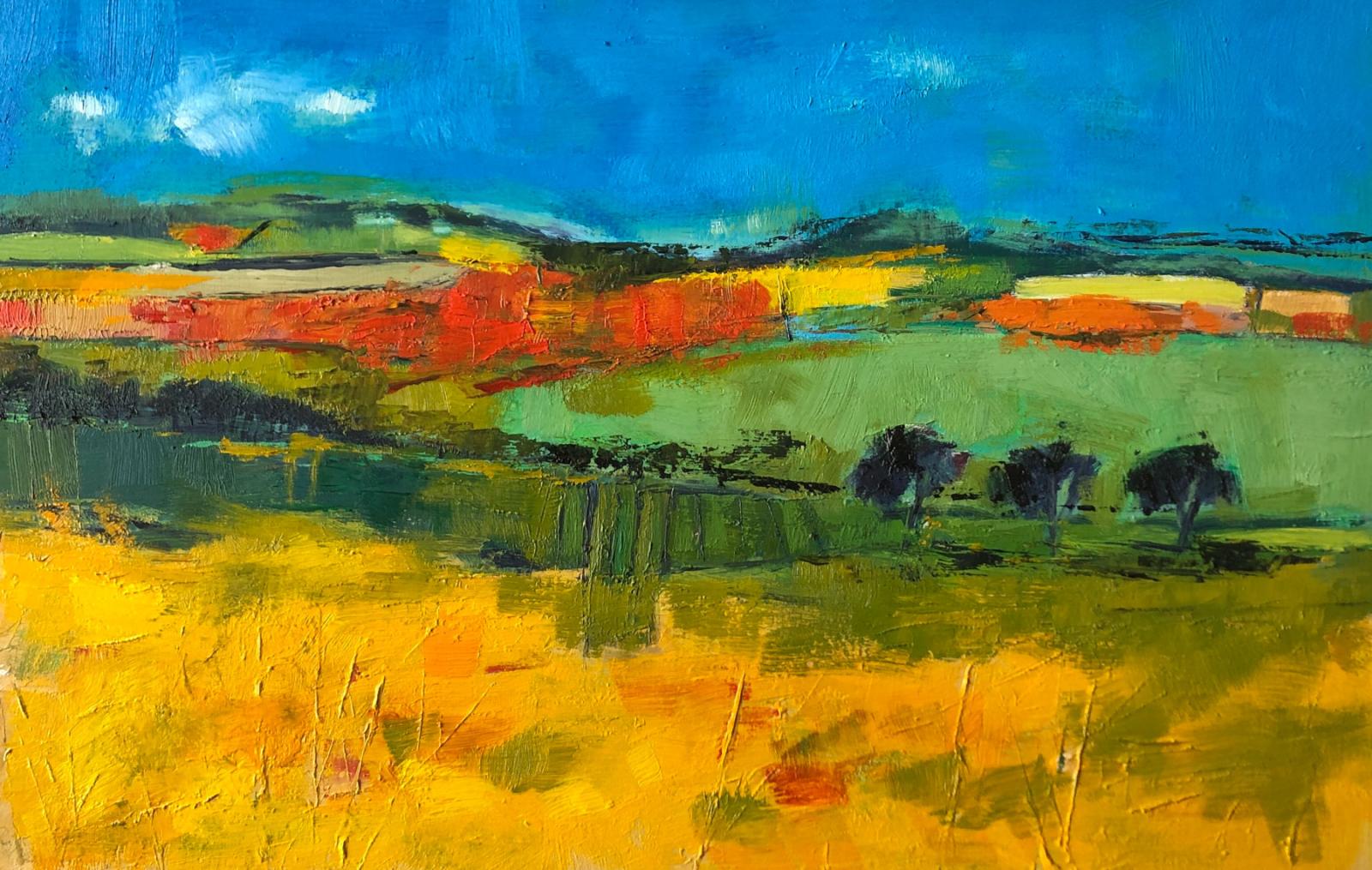 an oil painting of colourful fields and a blue sky