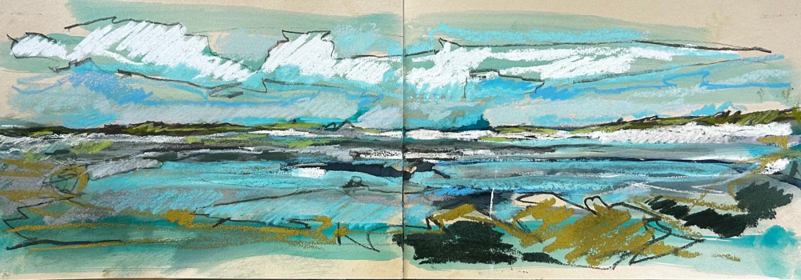 a sketch on paper of a loch and sky