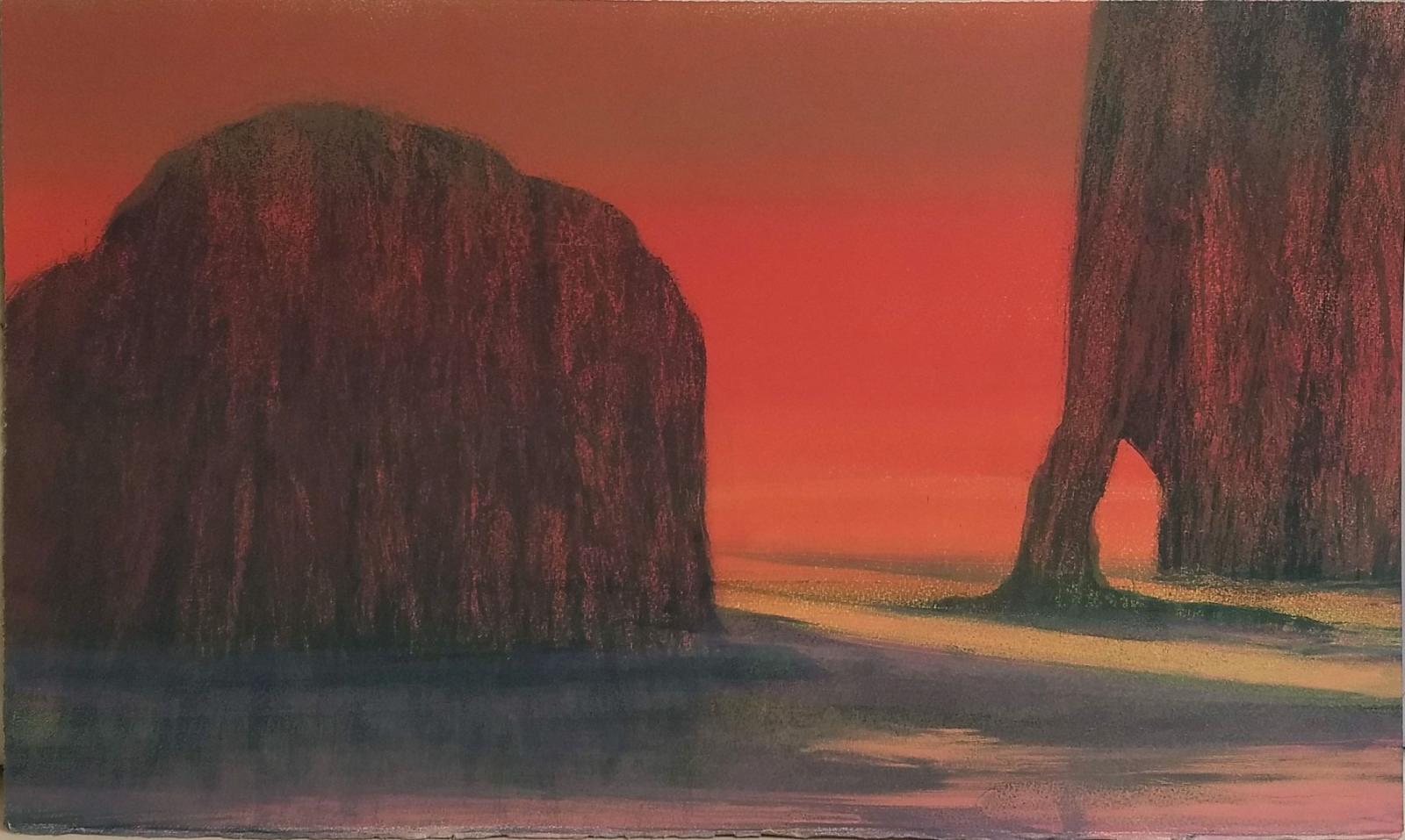 a monoprint of cliffs in the sunset