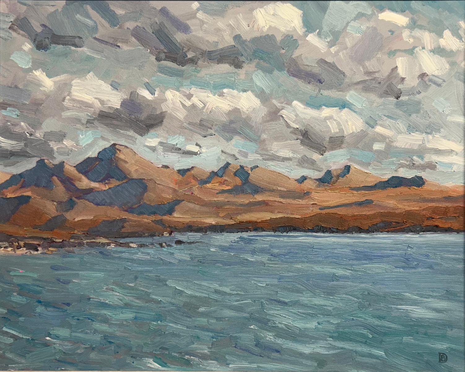 an oil painting of water mountains and sky