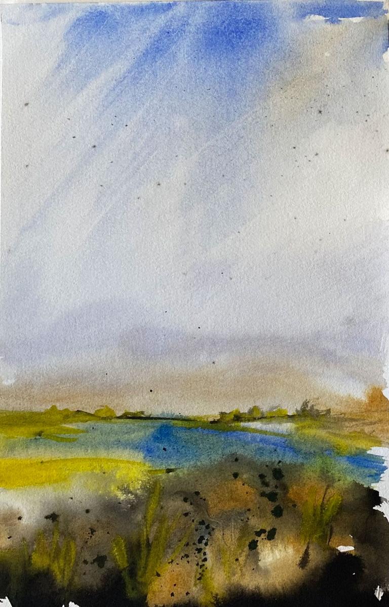 a painting of an autumn landscape with sky