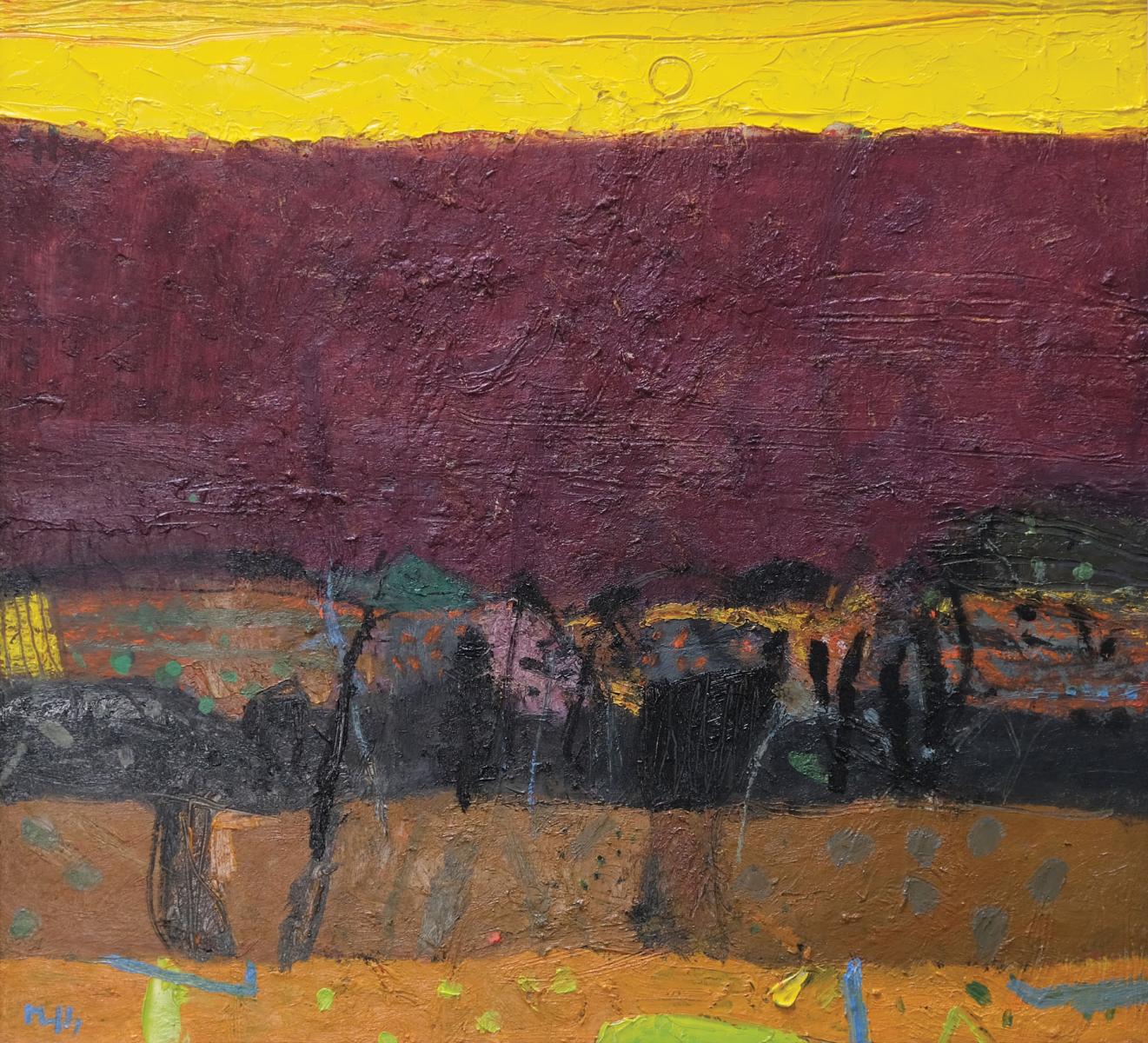 a semi abstract landscape painting with a yellow sky.