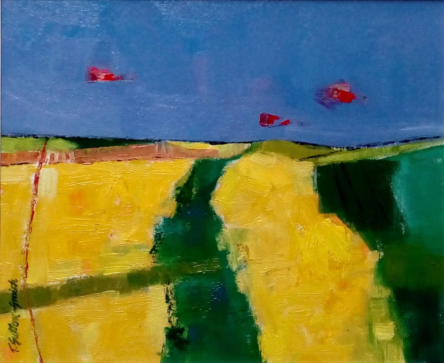 an oil painting of yellow fields with a dark blue sky