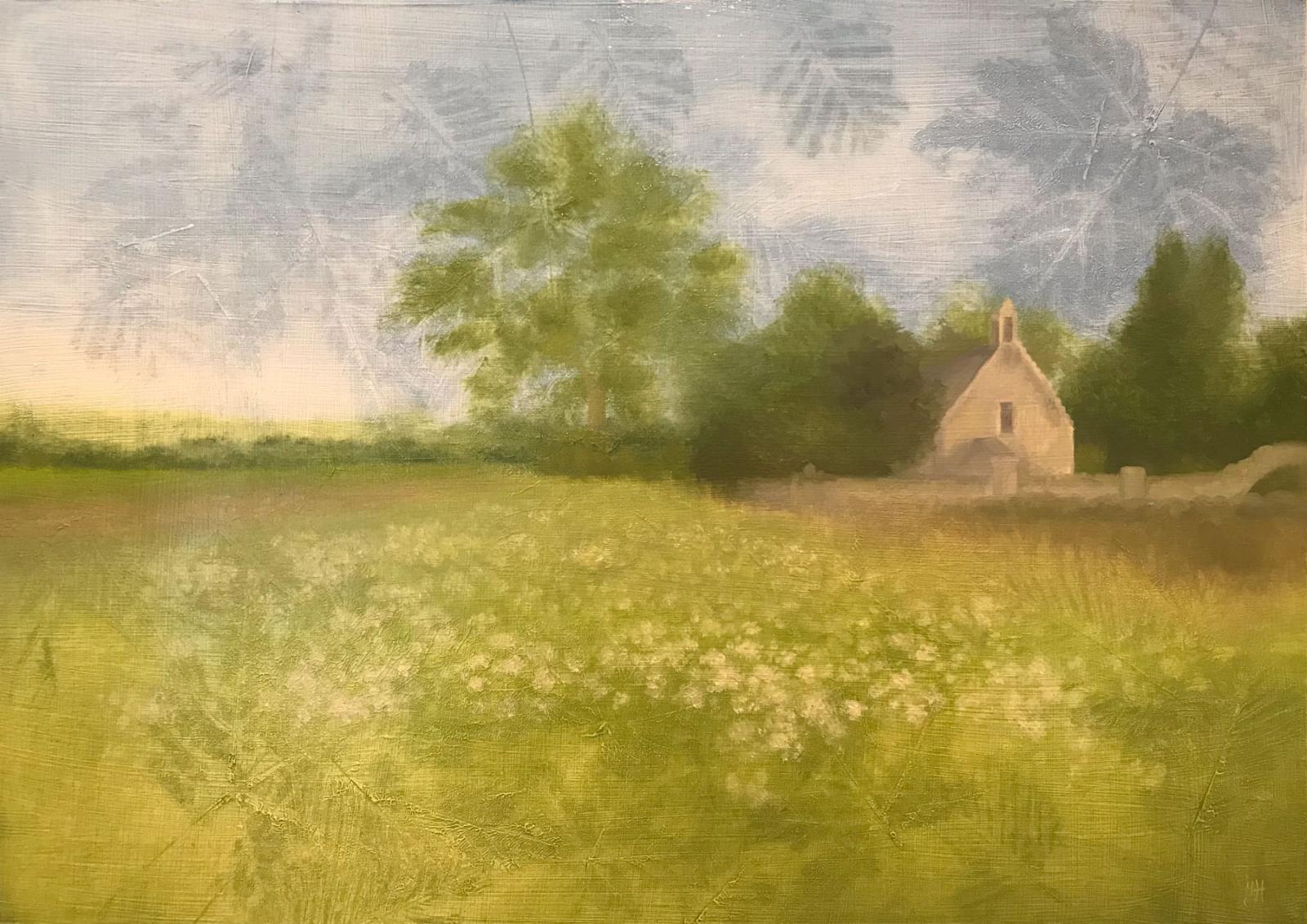 a pastel painting of a cottage in the landscape