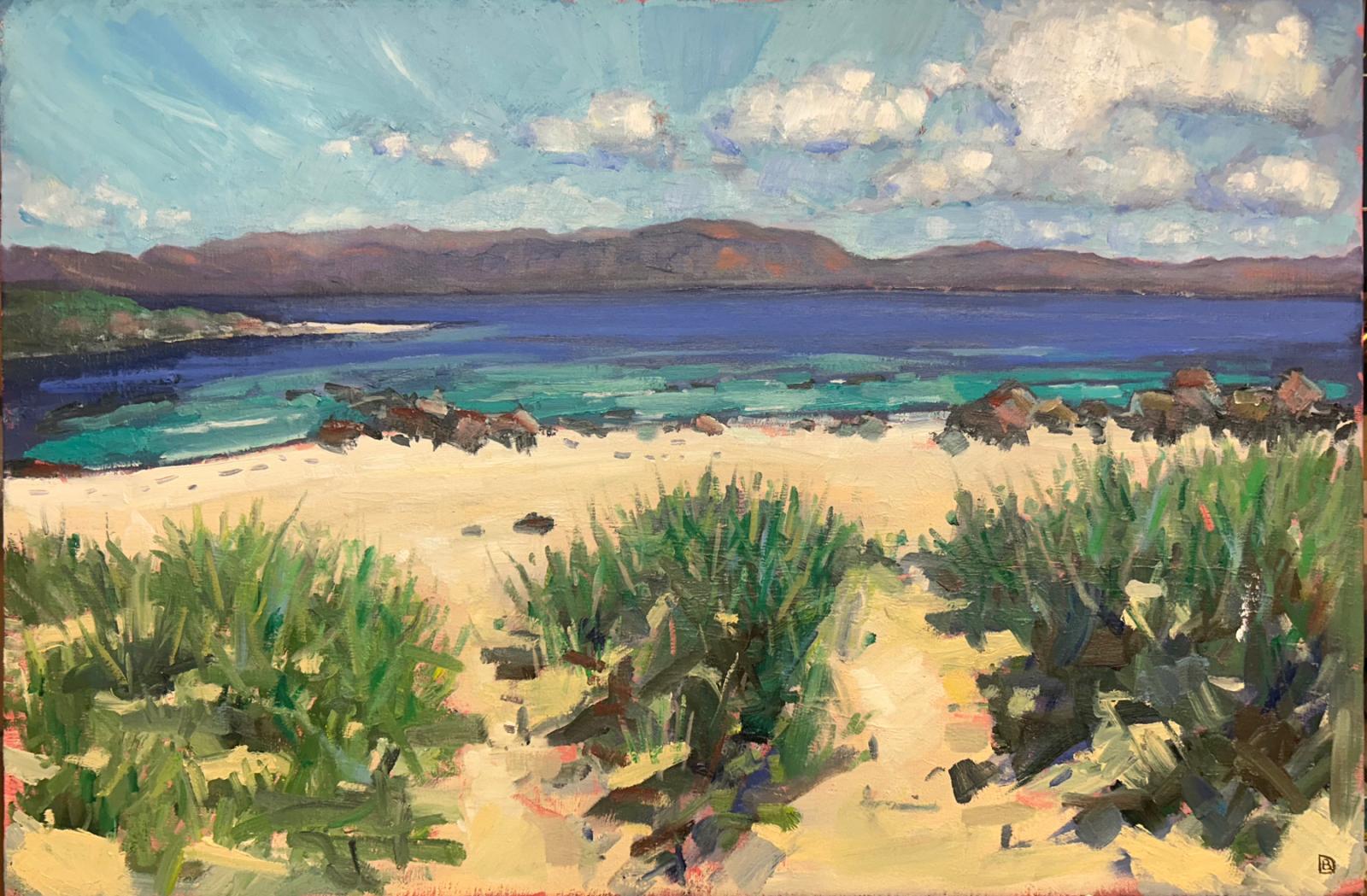 an oil painting of a beach looking over to mountains