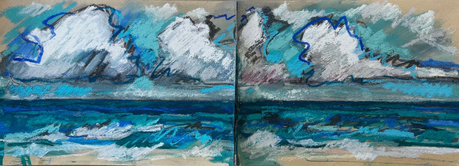 a sketch on paper of the sea with clouds above