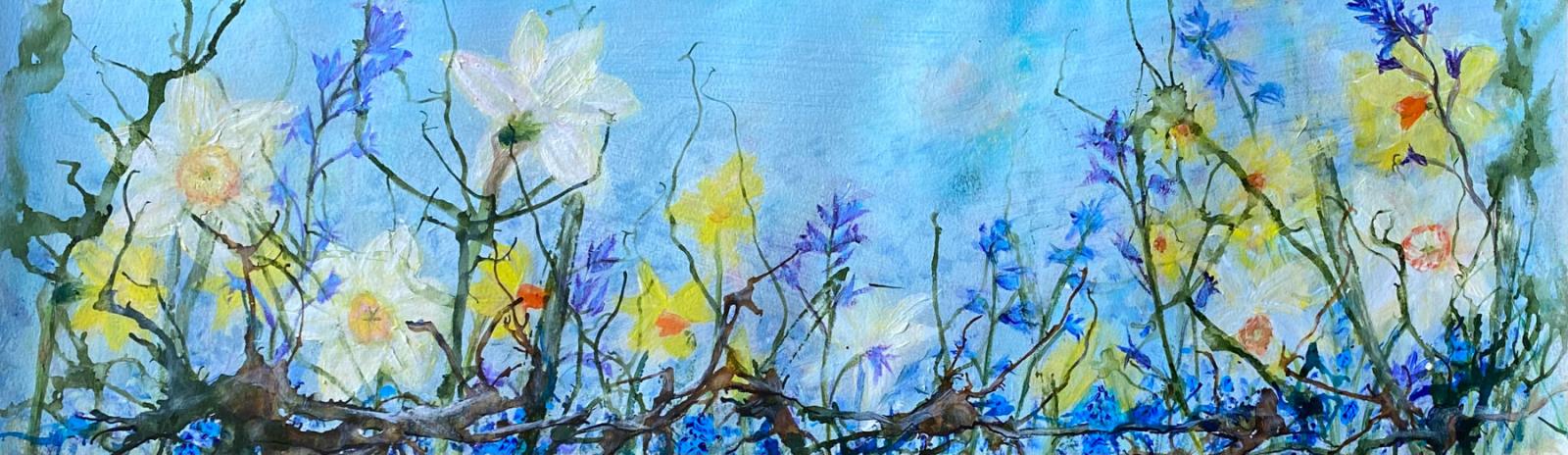 a long thin painting of flowers against a blue sky