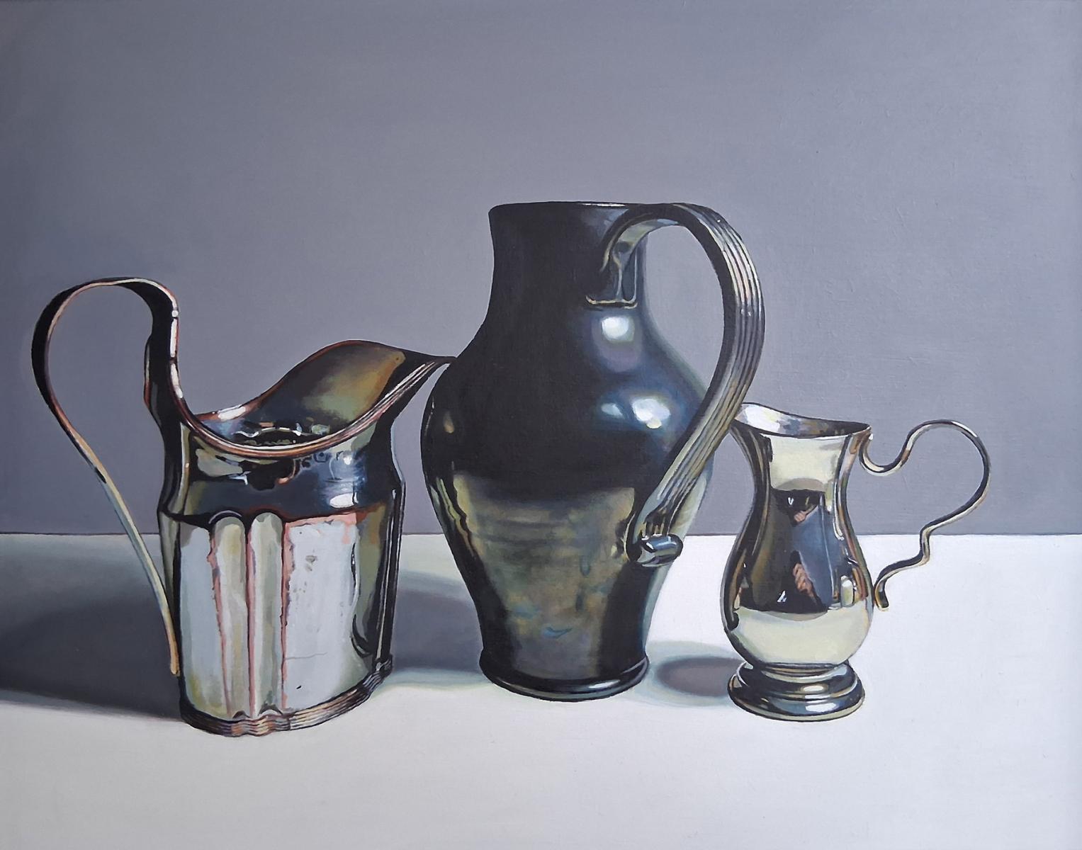 a still life painting of two silver jugs and a pewter jug
