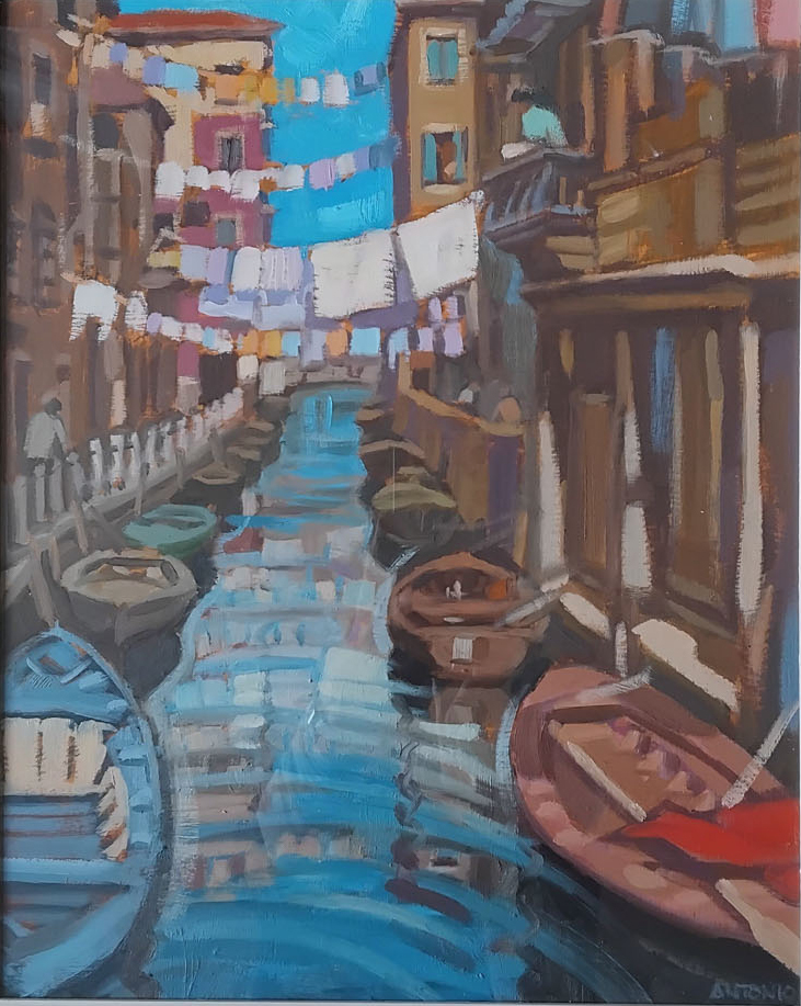 an oil painting of a small canal in Venice