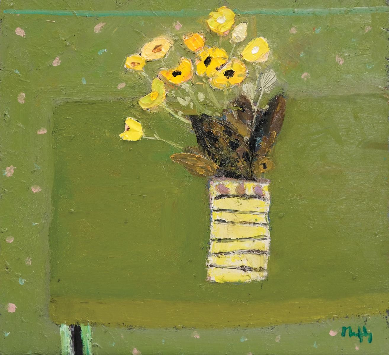 a painting of yellow flowers in a striped vase.