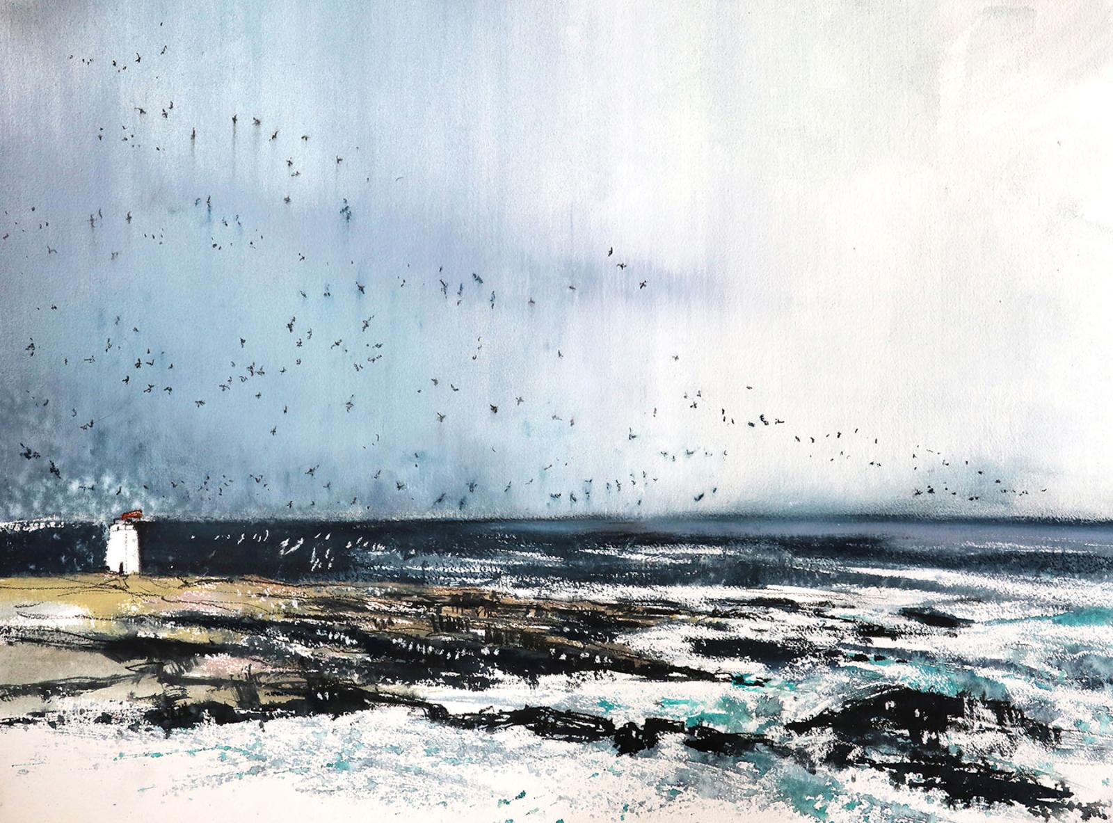 a watercolour painting of a flock of birds flying over