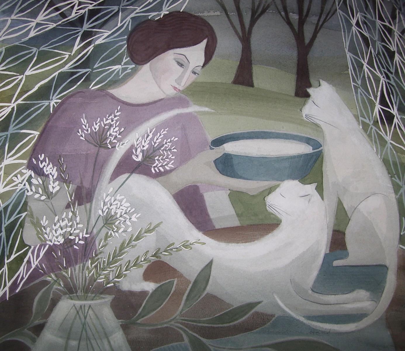 a watercolour of a lady with a bowl of milk and a cat