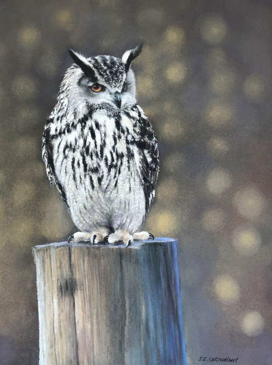 a painting of an owl sitting on a post