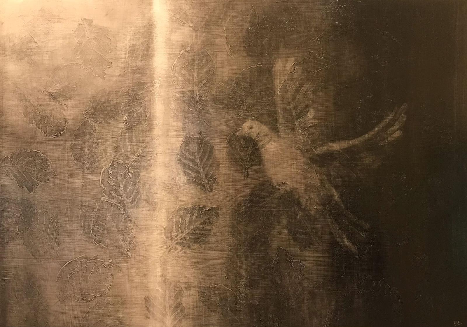 an oil painting of a bird against a  patterned background