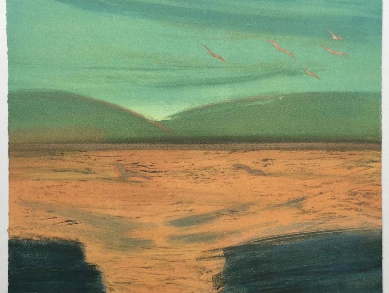 a monoprint of hills And a flock of birds