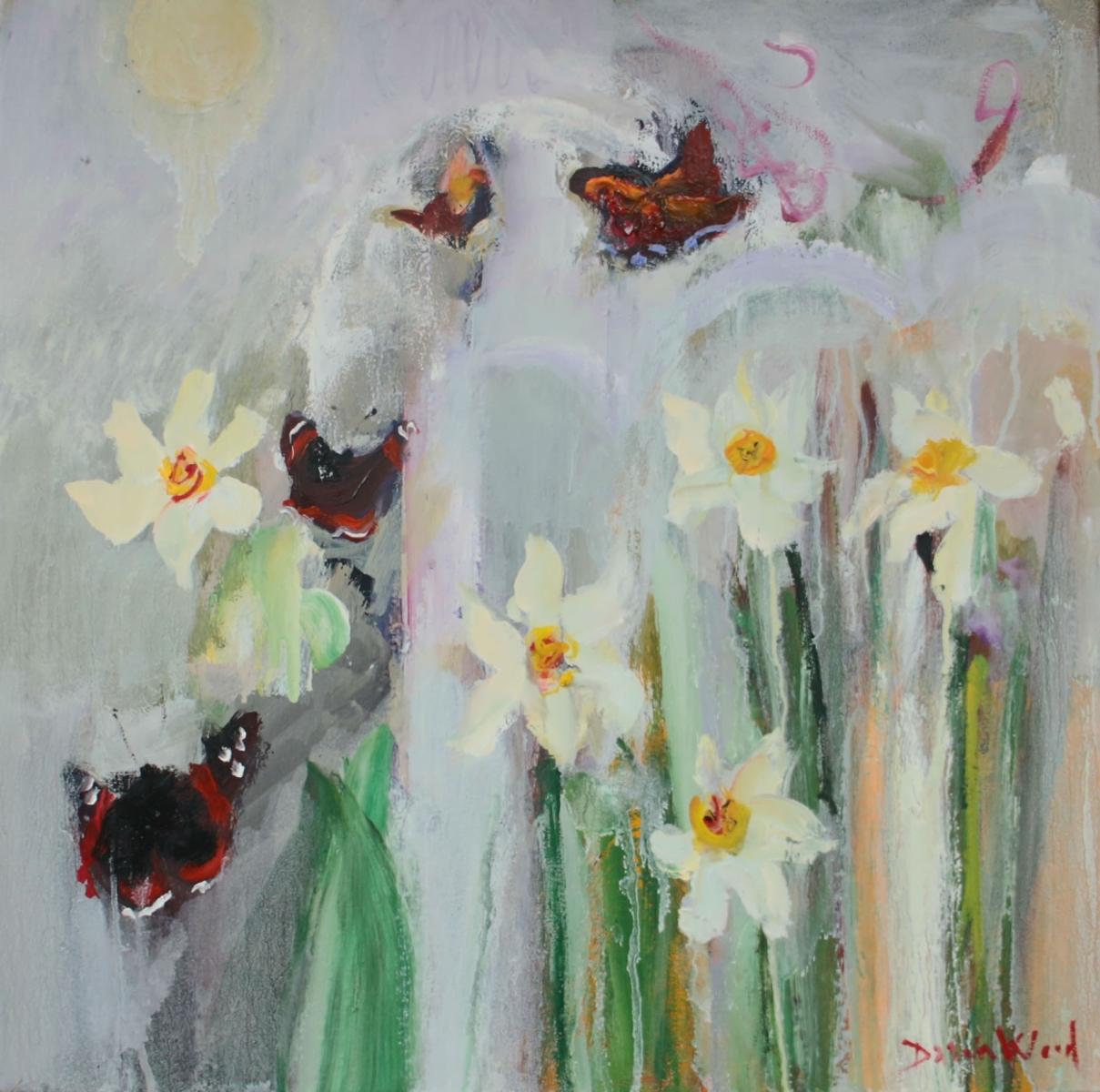 a painting of butterflies amongst flowers