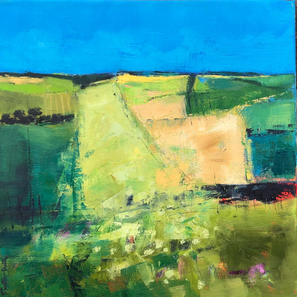 an oil painting of fields and a blue sky