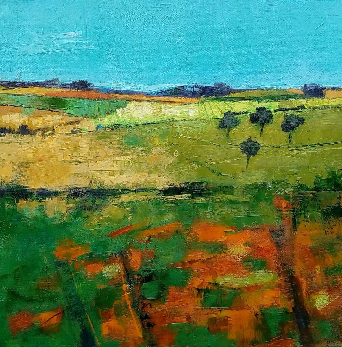 an oil painting of fields with small trees and a blue sky