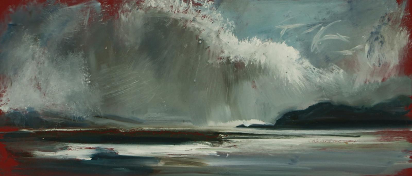 an oil painting of a heavy cloudy sky over water