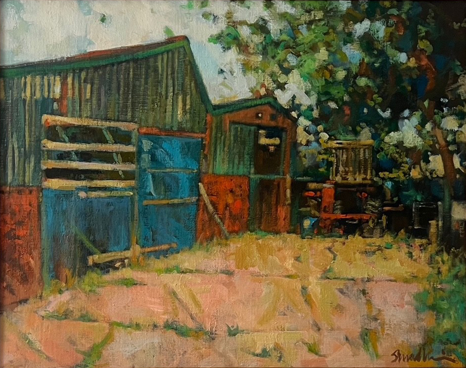 an oil painting of farm buildings