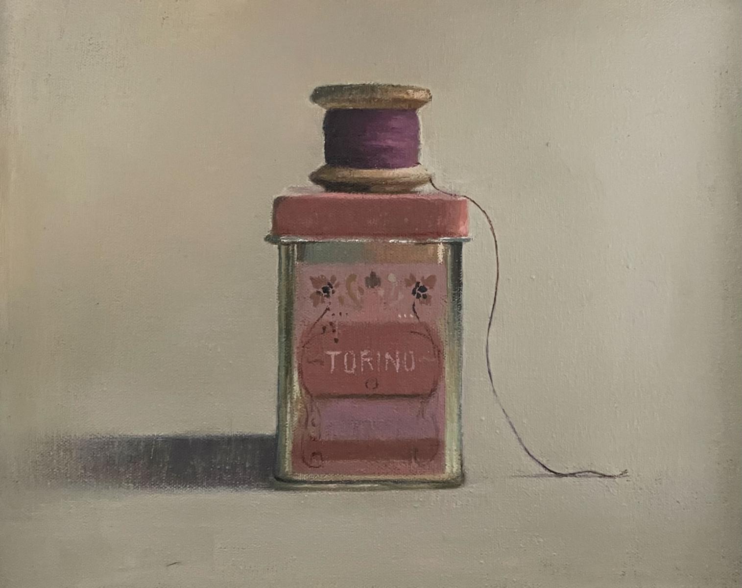 a small painting of a tin with a spool of thread