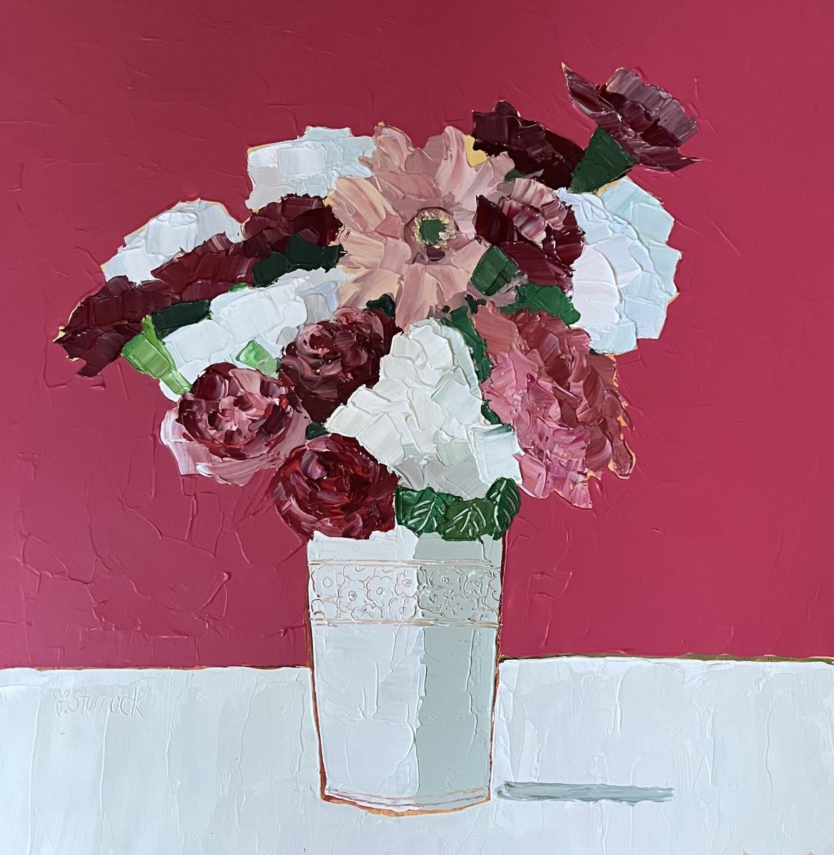 a painting of vase flowers against a dark pink background