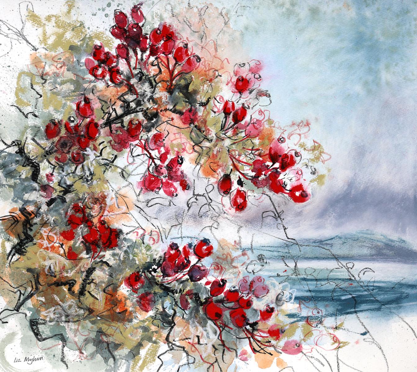 a painting of a red Hawthorne Bush beside the sea