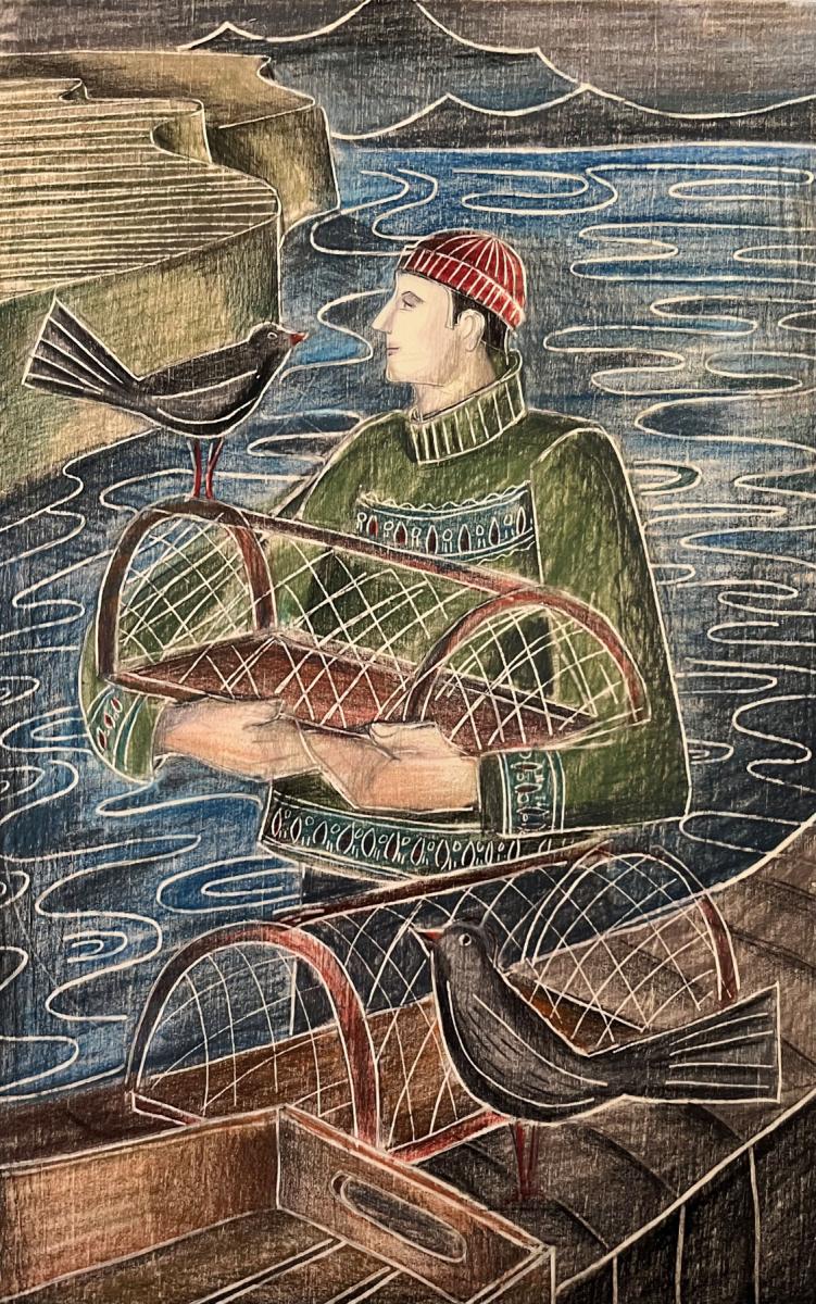 a drawing of a man holding a lobster pot