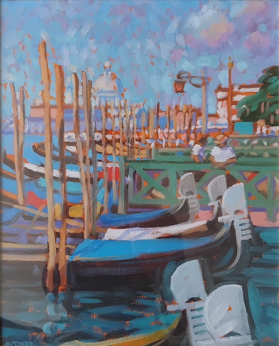 an oil painting of gondolas in Venice