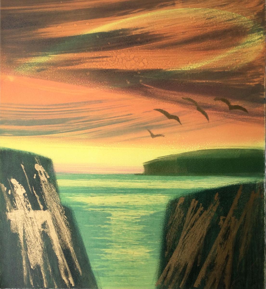 a monoprint of birds flying home in the sunset