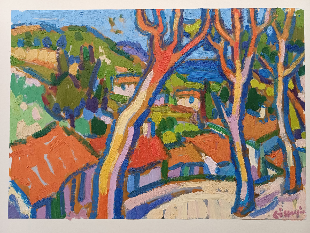 a painting of trees in a Mediterranean landscape